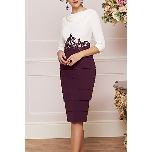 

Two Piece Sheath / Column Mother of the Bride Dress Elegant Vintage Plus Size Jewel Neck Knee Length Satin 3/4 Length Sleeve with Appliques 2020