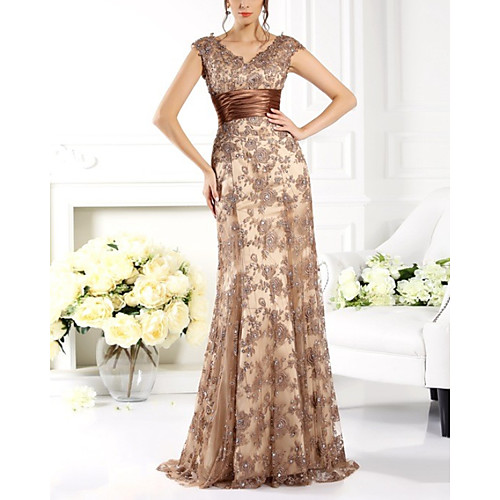 

A-Line Mother of the Bride Dress Elegant V Neck Floor Length Lace Sleeveless with Pleats Appliques 2020