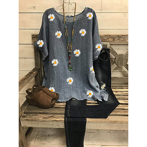 

Women's Tops Floral Daisy Blouse - Print Round Neck Basic Daily Summer Red Green Gray M L XL 2XL