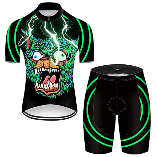 

21Grams Men's Short Sleeve Cycling Jersey with Shorts Nylon Polyester Green / Black 3D Lightning Skull Bike Clothing Suit Breathable 3D Pad Quick Dry Ultraviolet Resistant Reflective Strips Sports 3D