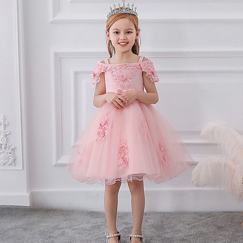 

Princess / Ball Gown Knee Length Party / Wedding Flower Girl Dresses - Satin / Tulle Short Sleeve Off Shoulder with Sash / Ribbon / Bow(s) / Appliques