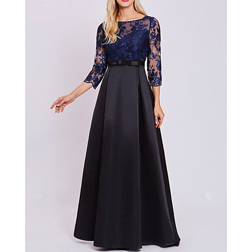 

A-Line Mother of the Bride Dress Elegant Jewel Neck Floor Length Lace Satin 3/4 Length Sleeve with Sash / Ribbon Pleats Appliques 2021