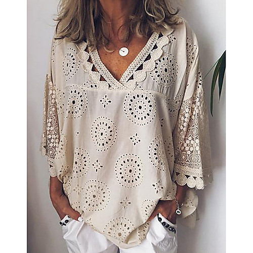 

Women's Plus Size Solid Colored Lace Loose Shirt Casual / Daily V Neck White / Blue / Purple / Yellow / Blushing Pink / Beige