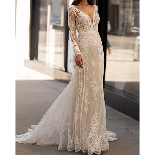 

Mermaid / Trumpet Wedding Dresses V Neck Sweep / Brush Train Tulle Long Sleeve Vintage Sexy Illusion Sleeve with Appliques 2020