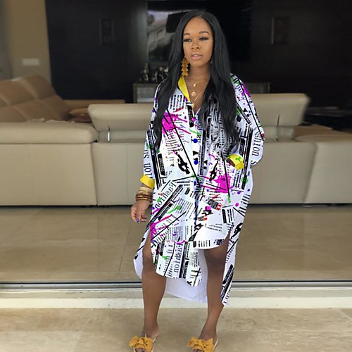 

Women's Shirt Dress Maxi long Dress - Long Sleeve Letter Print Spring Fall Casual Weekend 2020 White S M L XL