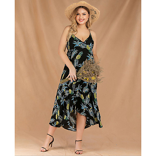 

Women's Plus Size Strap Dress Midi Dress - Sleeveless Print Summer V Neck Casual Mumu 2020 Black XXL XXXL XXXXL