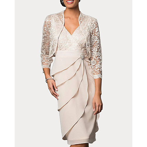 

Two Piece Sheath / Column Mother of the Bride Dress Elegant V Neck Knee Length Chiffon Lace 3/4 Length Sleeve with Embroidery Cascading Ruffles 2020