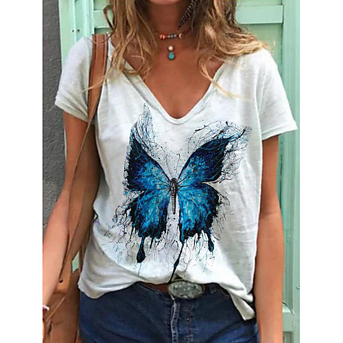 

Women's T shirt Butterfly Printing Animal Print V Neck Tops White