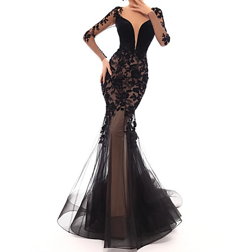 

Mermaid / Trumpet Floral Sexy Engagement Formal Evening Dress V Neck Long Sleeve Sweep / Brush Train Tulle with Appliques 2020