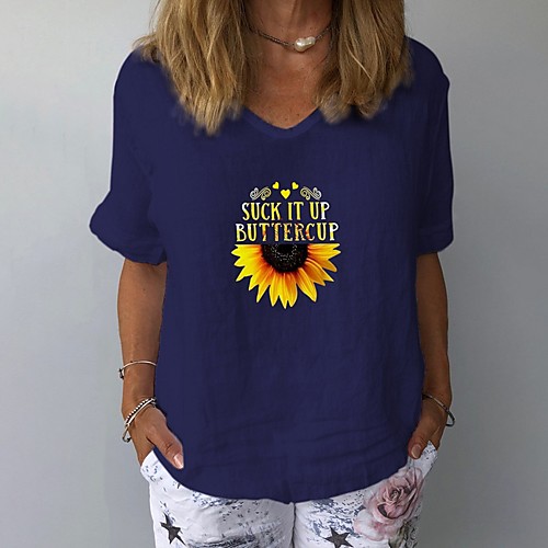 

Women's T-shirt Floral Tops V Neck Daily Summer White Yellow Navy Blue Gray Light Blue S M L XL 2XL 3XL
