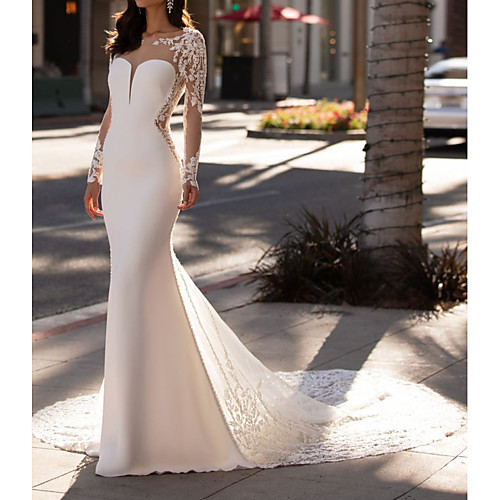 

Mermaid / Trumpet Wedding Dresses Jewel Neck Court Train Lace Stretch Satin Sleeveless Formal Illusion Sleeve with Appliques 2020