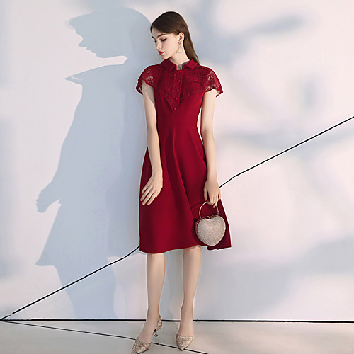 

A-Line Minimalist Vintage Homecoming Cocktail Party Dress High Neck Short Sleeve Knee Length Lace Spandex with Lace Insert 2020