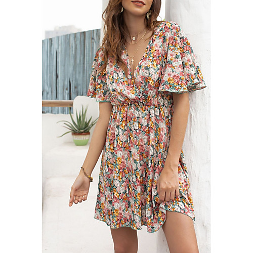 

Women's A-Line Dress Knee Length Dress - Short Sleeves Floral Summer Casual 2020 Red S M L XL