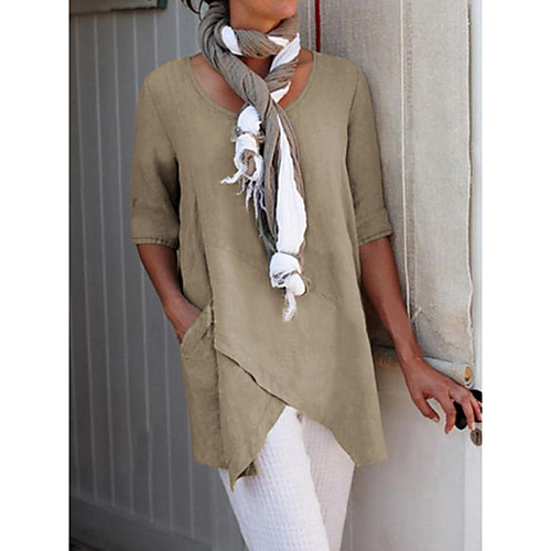 

Women's Plus Size Blouse Shirt Solid Colored Round Neck Tops Basic Top Khaki
