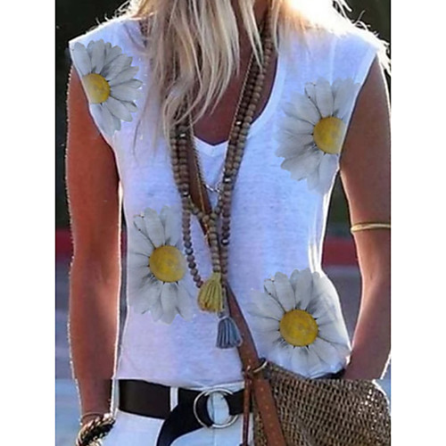 

Women's T-shirt Floral Tops V Neck Loose Daily Summer White S M L XL 2XL 3XL