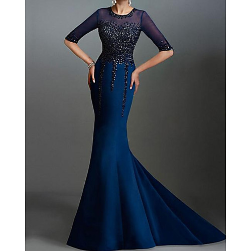 

Mermaid / Trumpet Elegant Luxurious Engagement Formal Evening Dress Illusion Neck Half Sleeve Sweep / Brush Train Satin with Beading 2020