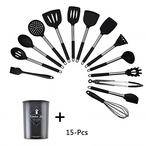 

Silicone Kitchen Utensils Set with Bucket Non-stick Heat Resistant Kitchen Cookware with Stainless Steel Handle 15 Pcs