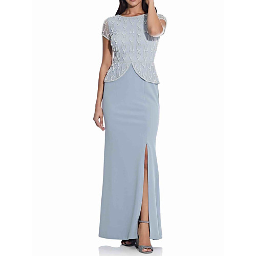 

Sheath / Column Mother of the Bride Dress Elegant Jewel Neck Floor Length Chiffon Lace Short Sleeve with Split Front 2020