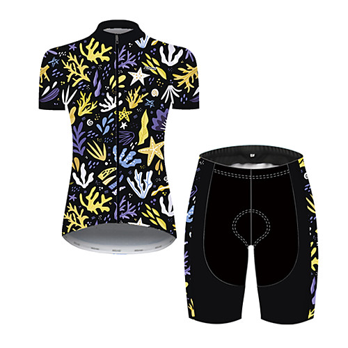 

21Grams Women's Short Sleeve Cycling Jersey with Shorts Nylon Polyester Black / Yellow Leaf Floral Botanical Bike Clothing Suit Breathable 3D Pad Quick Dry Ultraviolet Resistant Reflective Strips