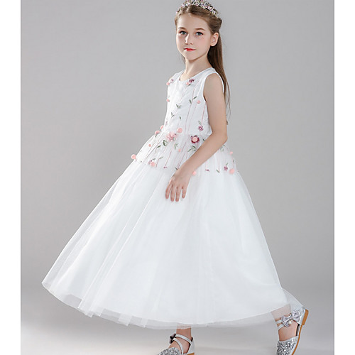 

Ball Gown Round Floor Length Tulle Junior Bridesmaid Dress with Embroidery / Appliques