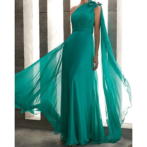 

Sheath / Column Elegant Minimalist Engagement Formal Evening Dress One Shoulder Sleeveless Floor Length Chiffon with Bow(s) Pleats 2020