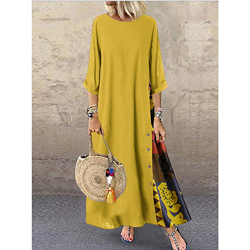 

Women's Plus Size A-Line Dress Maxi long Dress - Half Sleeve Patchwork Button Print Summer Casual Holiday Vacation Loose 2020 Wine Red Yellow Green Navy Blue Gray L XL XXL XXXL XXXXL XXXXXL