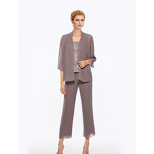 

Pantsuit / Jumpsuit Mother of the Bride Dress Elegant Square Neck Ankle Length Chiffon Lace Sleeveless with Embroidery 2021