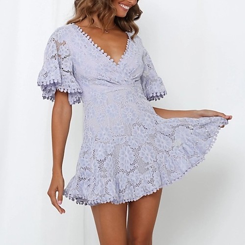 

Women's A-Line Dress Short Mini Dress - Short Sleeves Solid Color Summer Casual 2020 White Purple Yellow Blushing Pink S M L XL