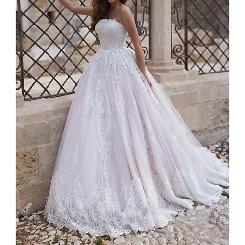 

A-Line Wedding Dresses Strapless Sweep / Brush Train Lace Tulle Sleeveless Country with Embroidery 2020