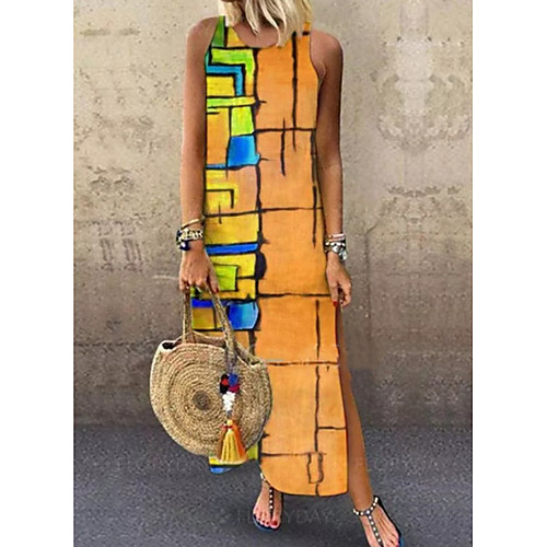 

Women's Shift Dress Maxi long Dress - Sleeveless Geometric Summer Casual 2020 Blue Red Yellow Orange S M L XL