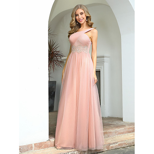 

A-Line One Shoulder / Cross Front Floor Length Tulle Bridesmaid Dress with Appliques / Ruching