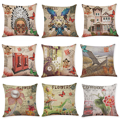 

9 pcs Linen Pillow Cover, Floral Floral&Plants Casual Vintage Square Traditional Classic