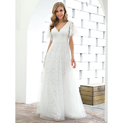 

A-Line Wedding Dresses Plunging Neck Floor Length Lace Tulle Short Sleeve Country Casual Elegant with Lace 2021