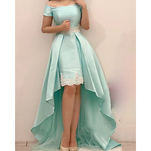 

A-Line Minimalist Elegant Wedding Guest Prom Dress Off Shoulder Short Sleeve Asymmetrical Satin with Pleats Appliques 2021