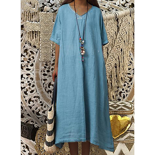 

Women's Sheath Dress Midi Dress - Short Sleeves Solid Color Summer Elegant 2020 Blue Orange Green M L XL XXL