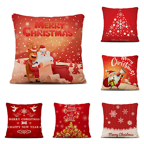 

Set of 6 Christmas Pillow Covers Cotton Linen Santa Tree Reindeer Holiday Christmas Decoration