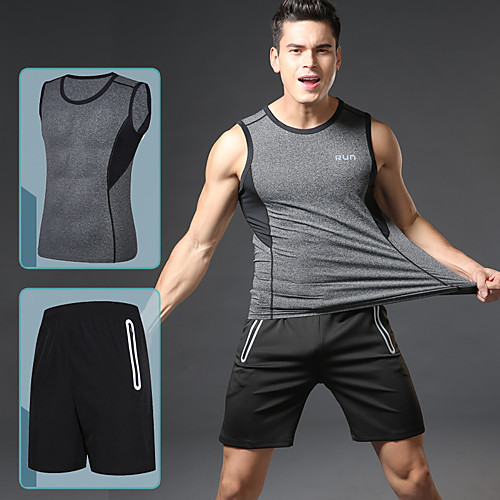 

Men's Pocket Drawstring Tracksuit Activewear Set Workout Outfits 2pcs Round Running Active Training Jogging Reflective Breathable Quick Dry Sportswear Athletic Clothing Set Sleeveless Activewear