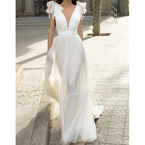 

Sheath / Column Beautiful Back Elegant Engagement Formal Evening Dress V Neck Sleeveless Court Train Chiffon with Bow(s) 2021