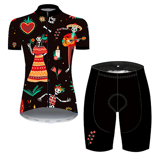 

21Grams Women's Short Sleeve Cycling Jersey with Shorts Black / Yellow Skull Bike Breathable Sports Patterned Mountain Bike MTB Road Bike Cycling Clothing Apparel / Stretchy