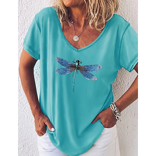 

Women's T-shirt Graphic V Neck Tops Loose Basic Top Black Blushing Pink Green