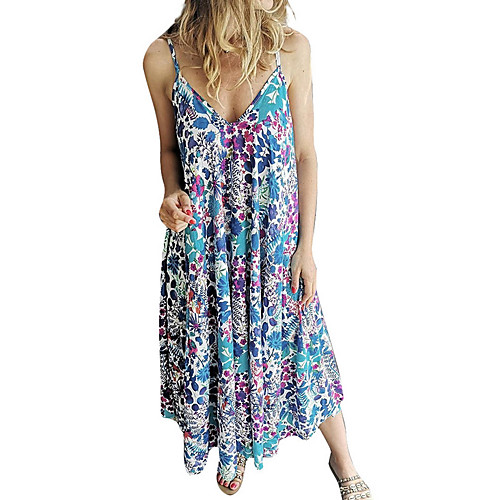 

Women's Strap Dress Midi Dress - Sleeveless Floral Summer Casual Mumu 2020 Yellow Fuchsia Light Green Light Blue S M L XL XXL XXXL