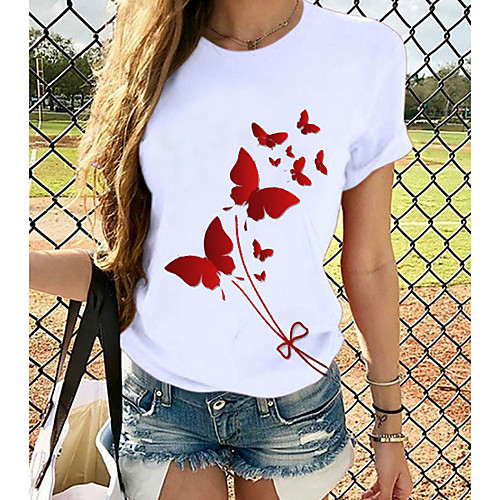 

Women's Tops Graphic T-shirt - Print Round Neck Basic Daily Spring Summer White XS S M L XL 2XL 3XL 4XL