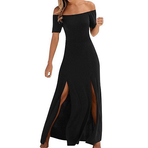 

Women's A Line Dress Maxi long Dress Black Short Sleeve Solid Color Summer Off Shoulder Sexy 2021 S M L XL