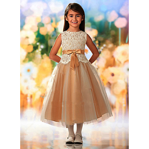 

A-Line Ankle Length Wedding / Party Flower Girl Dresses - Lace / Tulle Sleeveless Jewel Neck with Sash / Ribbon / Appliques