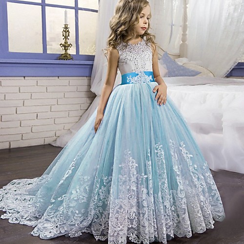 

Princess / Ball Gown Court Train Party / Wedding Flower Girl Dresses - Tulle Sleeveless Jewel Neck with Bow(s) / Beading / Appliques