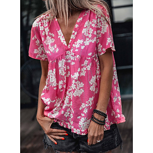 

Women's Shirt Floral Tops - Print V Neck Basic Daily Blushing Pink M L XL 2XL 3XL