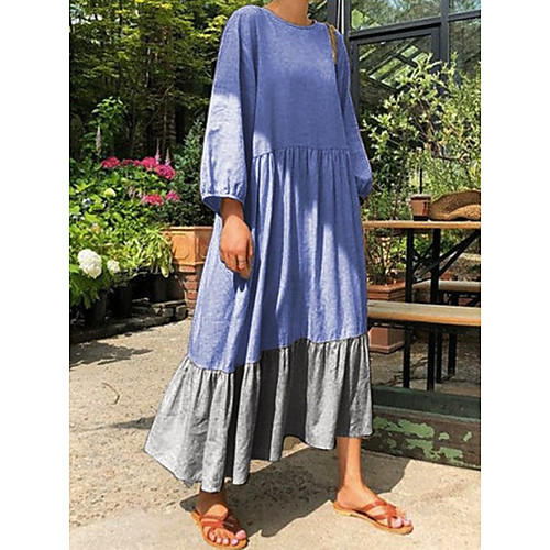 

Women's A-Line Dress Midi Dress - Long Sleeve Color Block Summer Casual 2020 Purple Blushing Pink Green Gray Light Blue S M L XL XXL XXXL