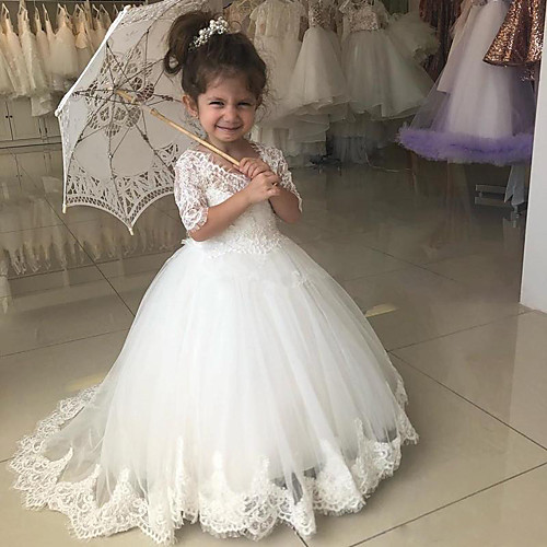 

Ball Gown Sweep / Brush Train Wedding / Party Flower Girl Dresses - Lace / Tulle Half Sleeve V Neck with Cascading Ruffles / Solid