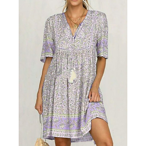 

Women's A Line Dress Short Mini Dress Purple Yellow Blushing Pink Khaki Light Green Short Sleeve Print Summer V Neck Casual Mumu 2021 S M L XL XXL 3XL