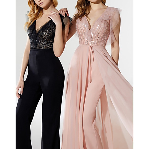 

Jumpsuits Elegant Sparkle Prom Formal Evening Dress V Neck Short Sleeve Detachable Chiffon Sequined with Sequin 2020